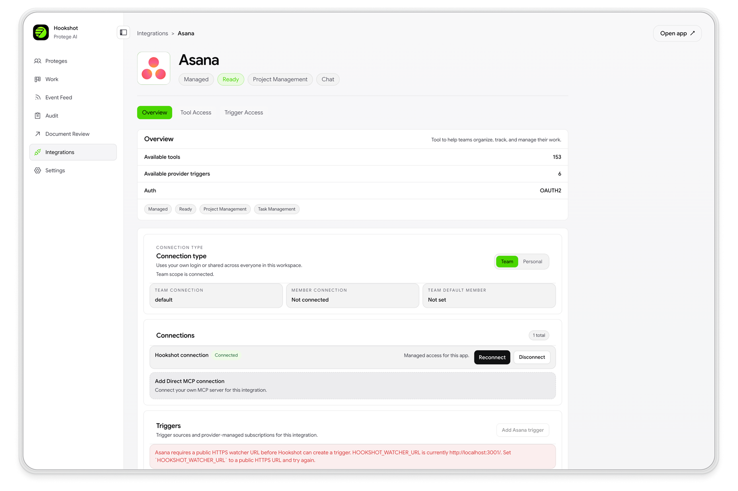 Connect Hookshot to your stack — integrate tools, triggers, and team or personal access controls.