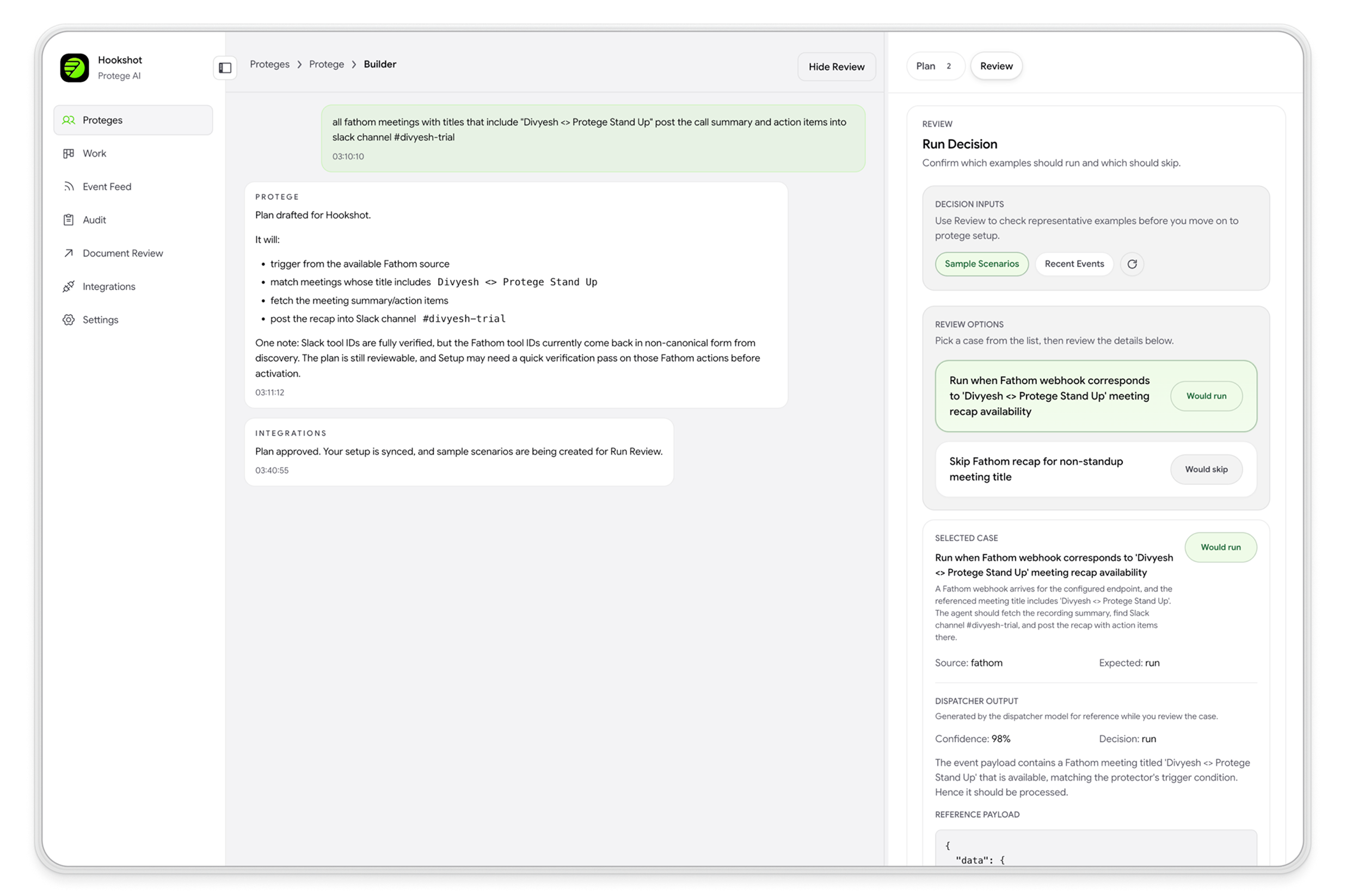 Hookshot Agent Builder — chat-driven agent definition with validation, proposed plan, triggers, and guardrails.