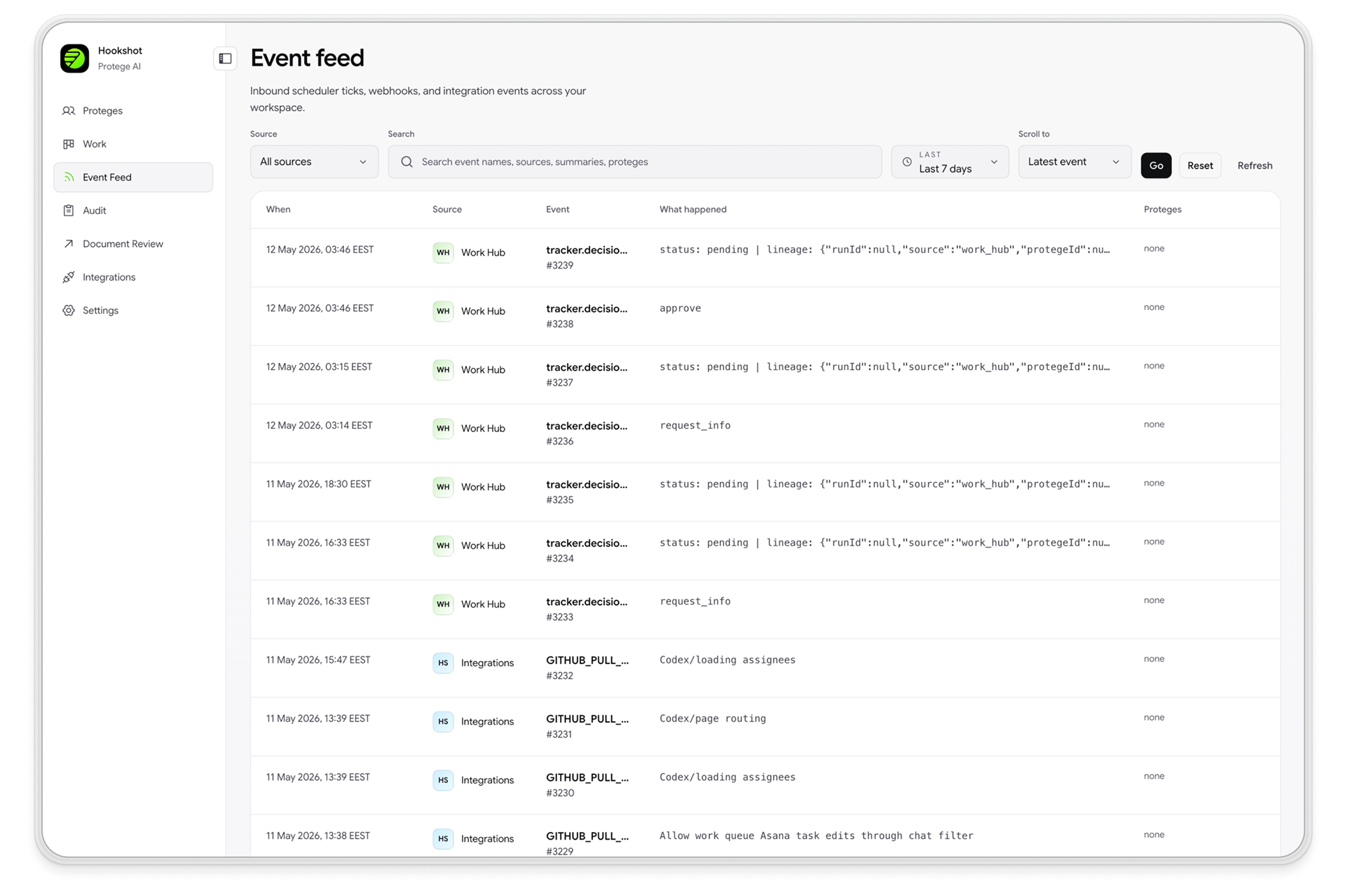 Hookshot Event Feed — inbound events, sources, and AI agent outcomes for audit and governance.