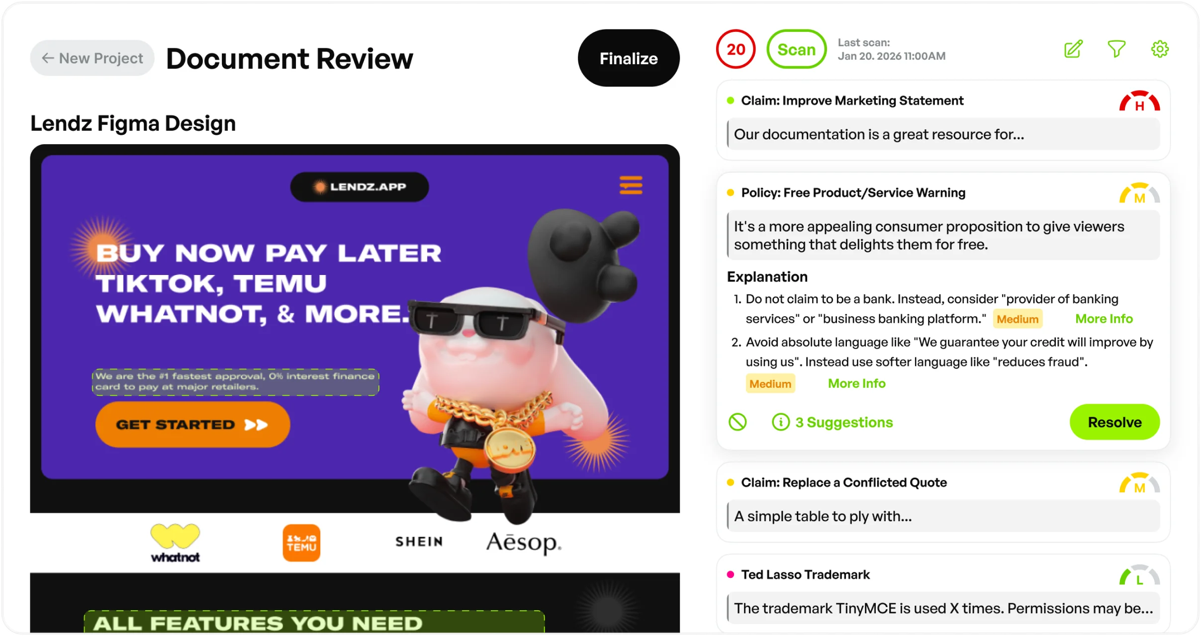 Protege Review — marketing compliance scan with flagged claims and policy findings