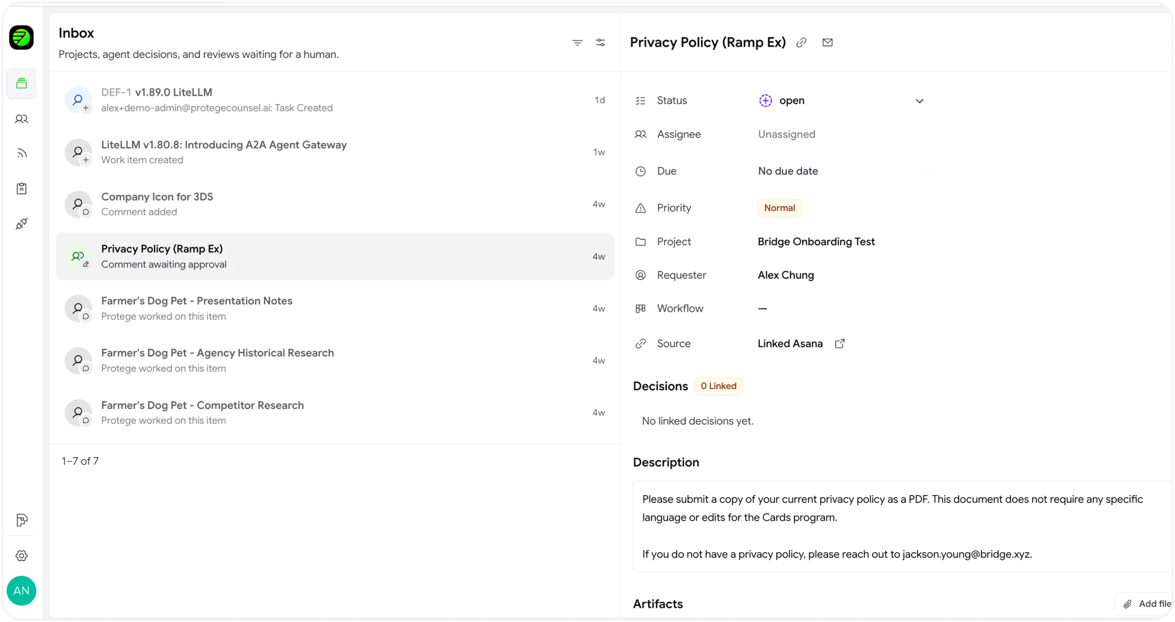 Workhub inbox — open work, pending agent decisions, and priority tickets across Asana, Jira, and ServiceNow