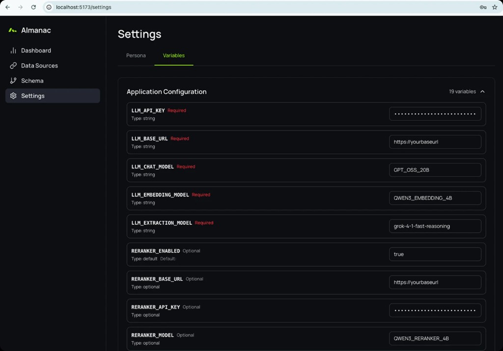 Almanac Settings page showing required LLM API configuration variables