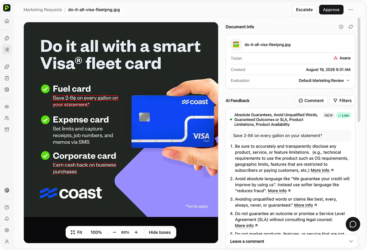 Protege AI Review — marketing asset approval with flagged product claims, AI feedback, and Approve or Escalate controls