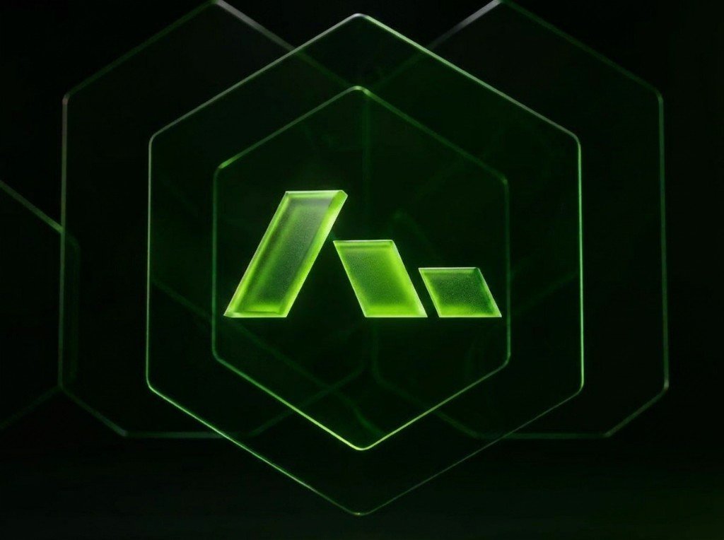 Almanac brand visual: glowing green Protege mark inside layered hexagonal frames on a dark background