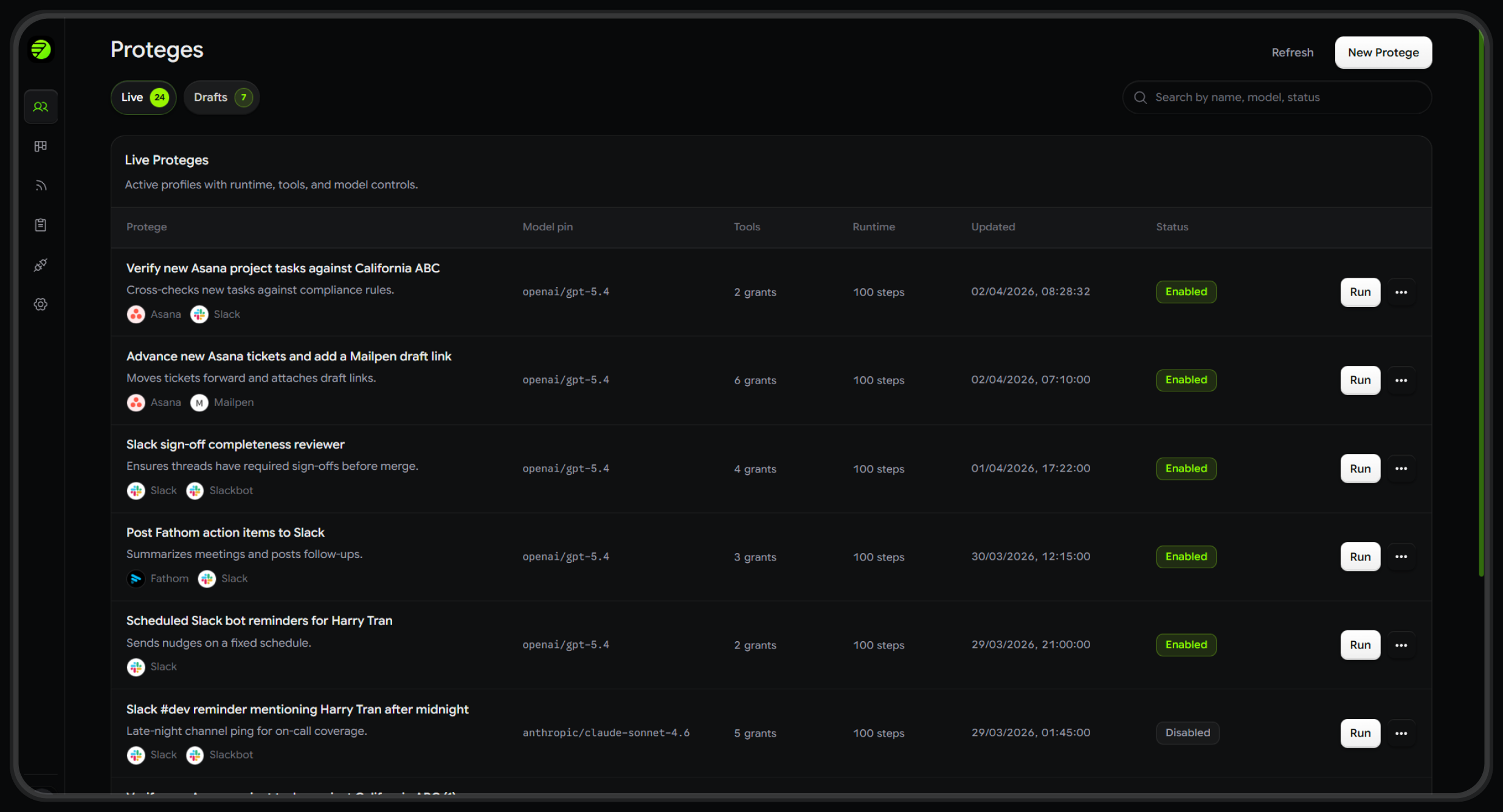 Hookshot dashboard for event-driven AI agents — live agents with model pins, tools, runtime, and status.