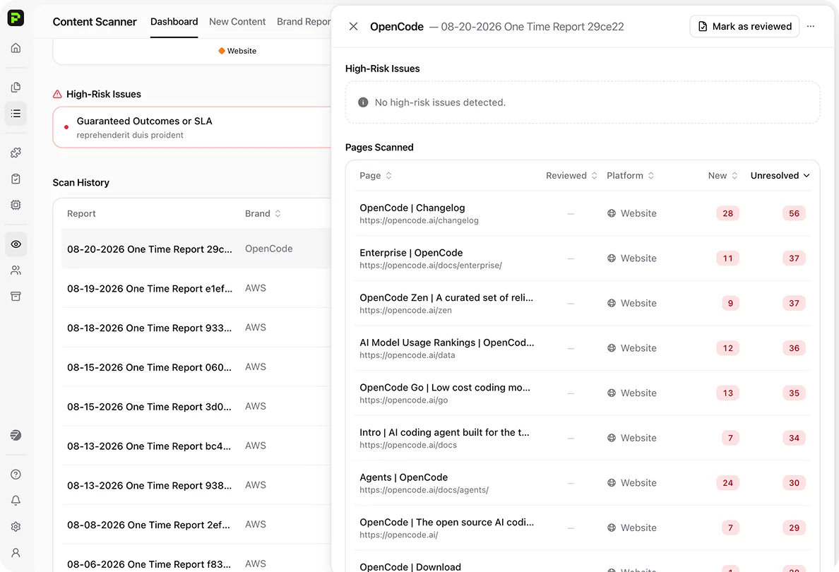 Protege AI Review — content scanner brand reports with crawled pages, new findings, and unresolved issues
