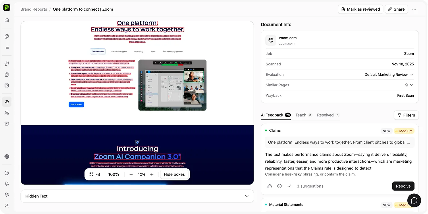 Protege AI Review — marketing asset review with flagged product claims, risk level, and Approve or Escalate controls