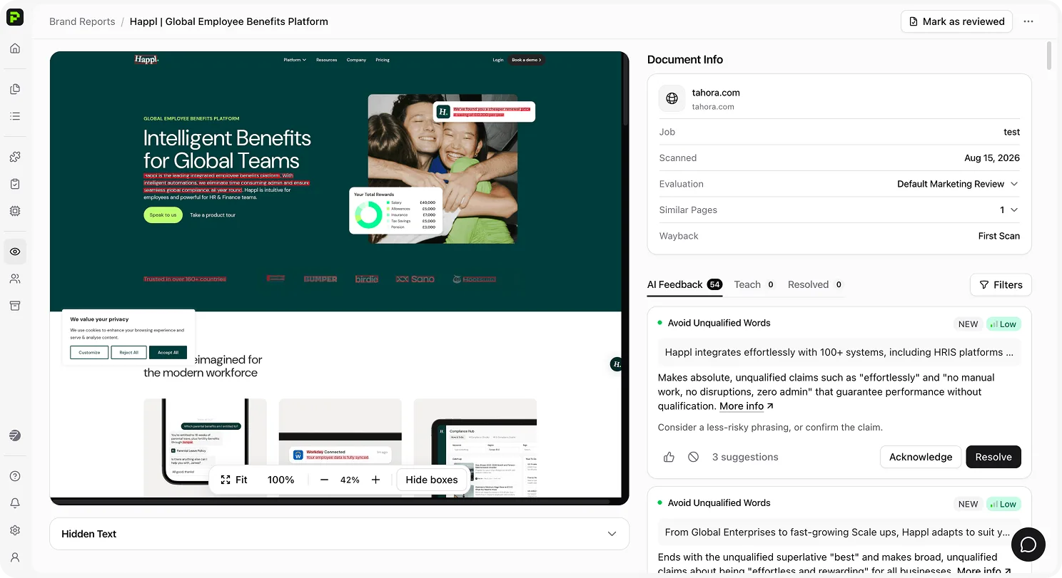 Protege AI Review — video marketing review with visible text findings, product-claim risk, and Approve or Escalate controls.