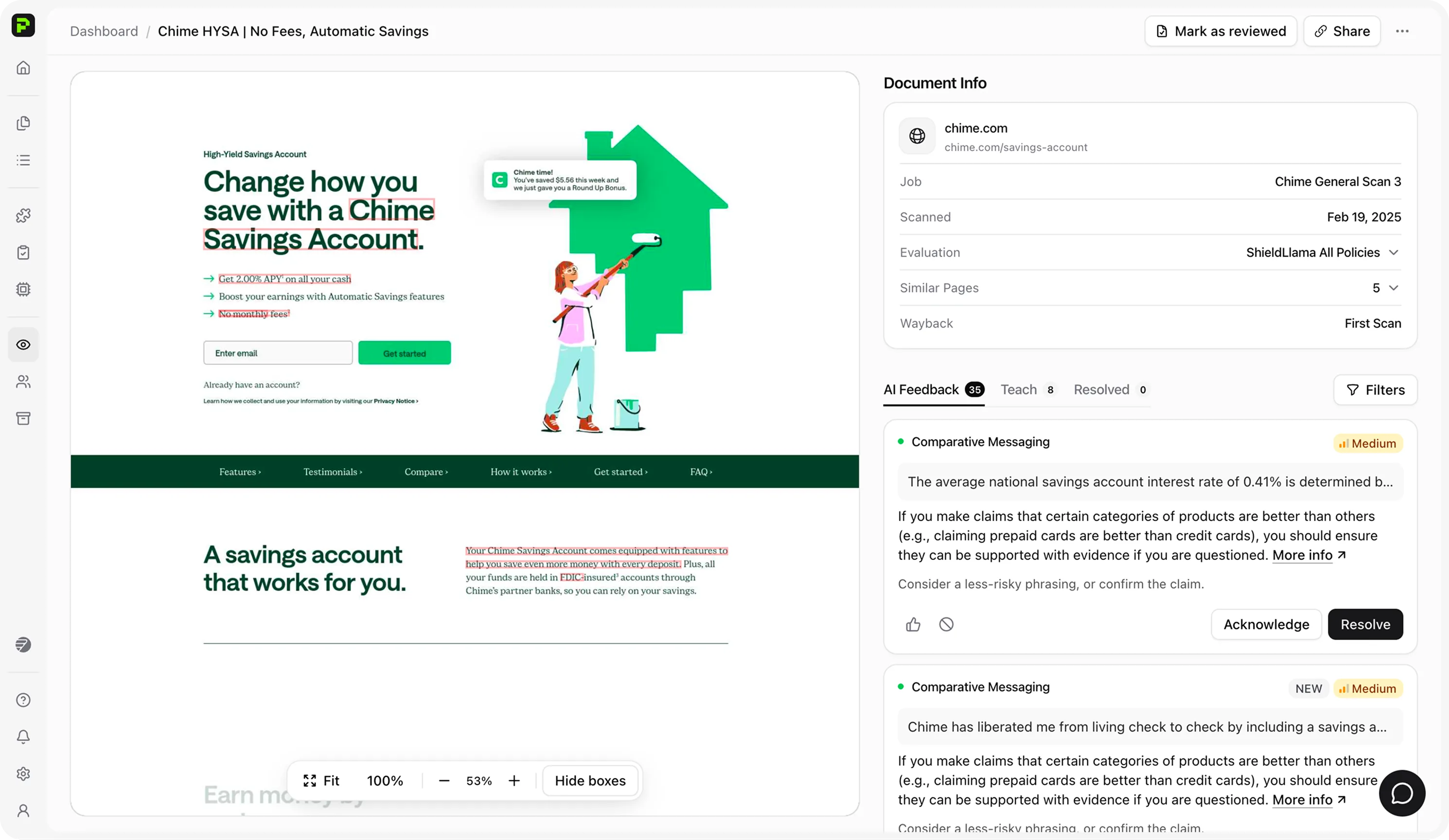 Protege AI Review — annotated marketing asset with product-claim findings, risk level, and Approve or Escalate controls.