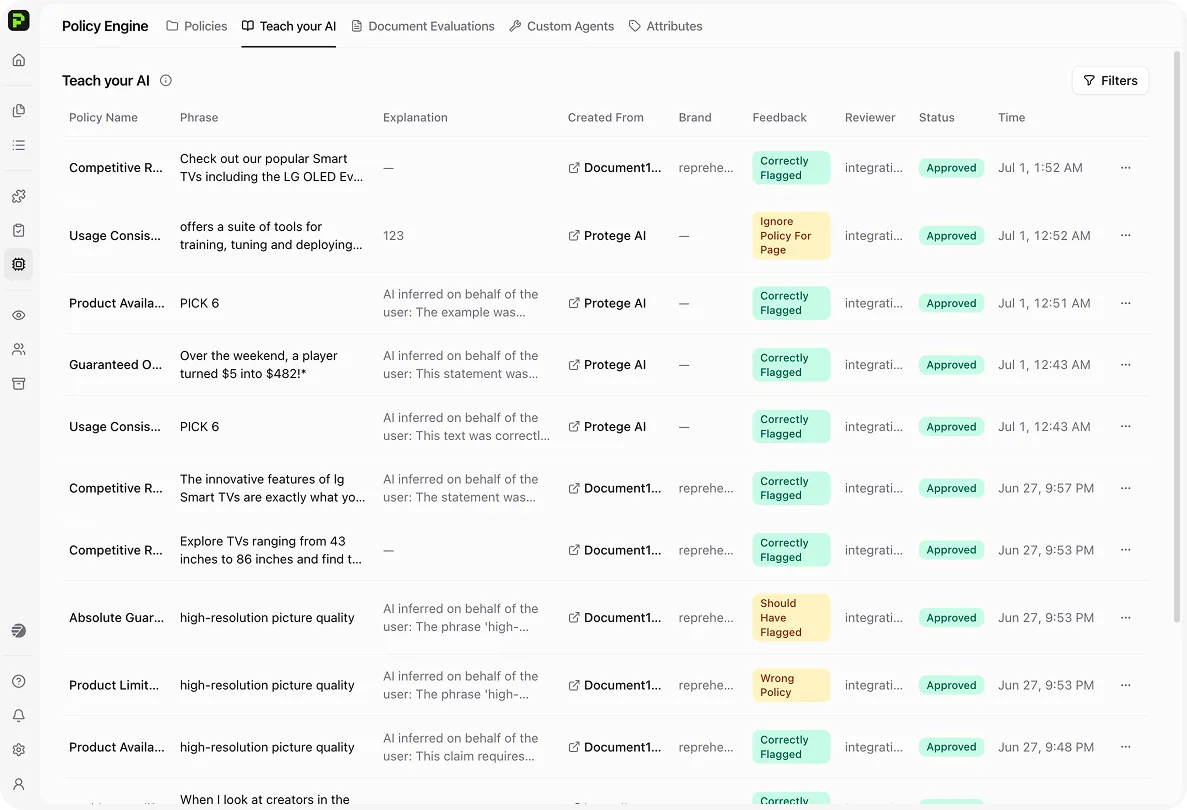 Protege AI Review — Teach Your AI feedback table with policy corrections and reviewer approvals