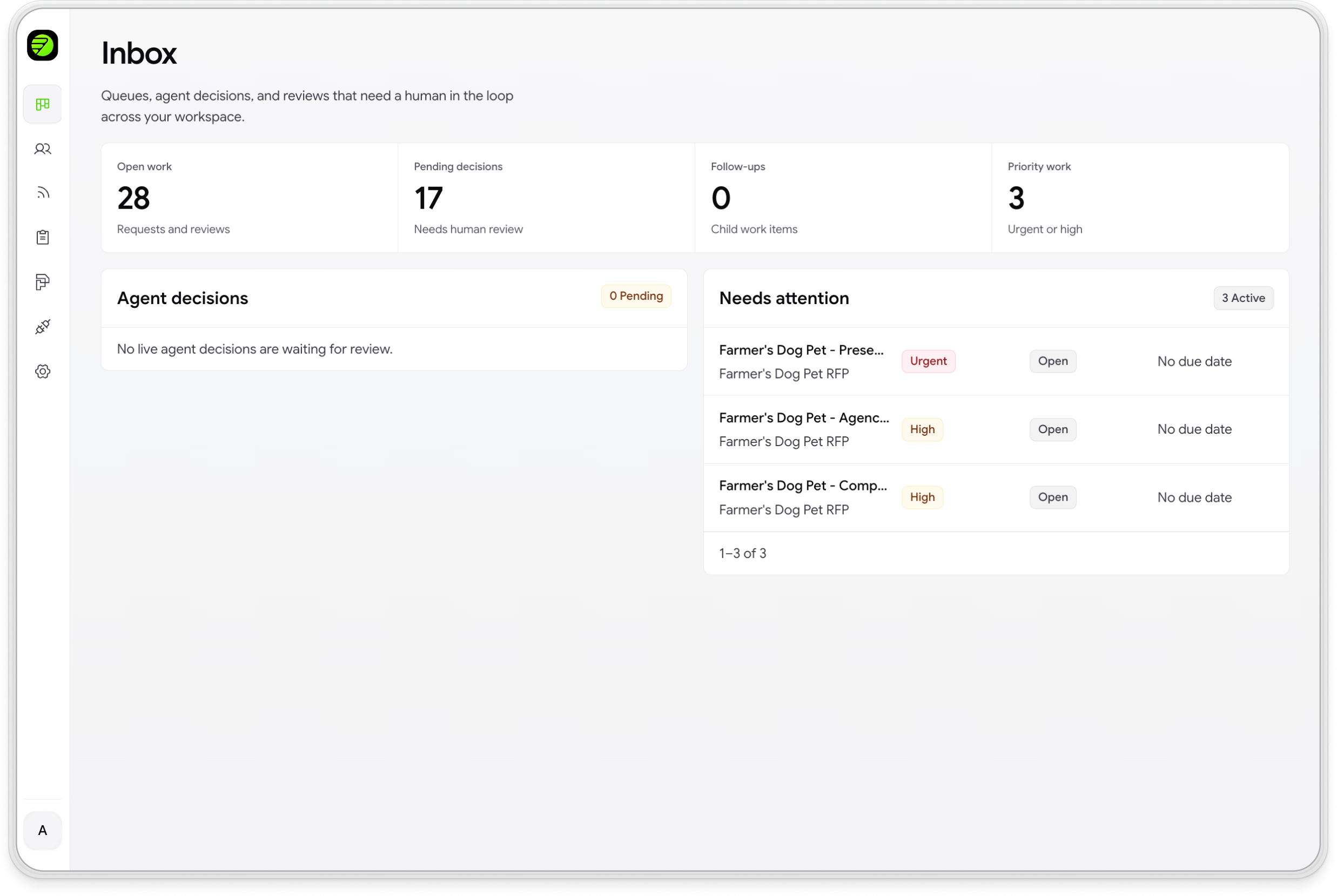 Workhub inbox — open work, pending agent decisions, and priority tickets across Asana, Jira, and ServiceNow.
