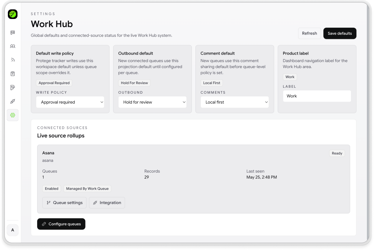 Workhub settings — global write policy defaults and connected Asana source status.